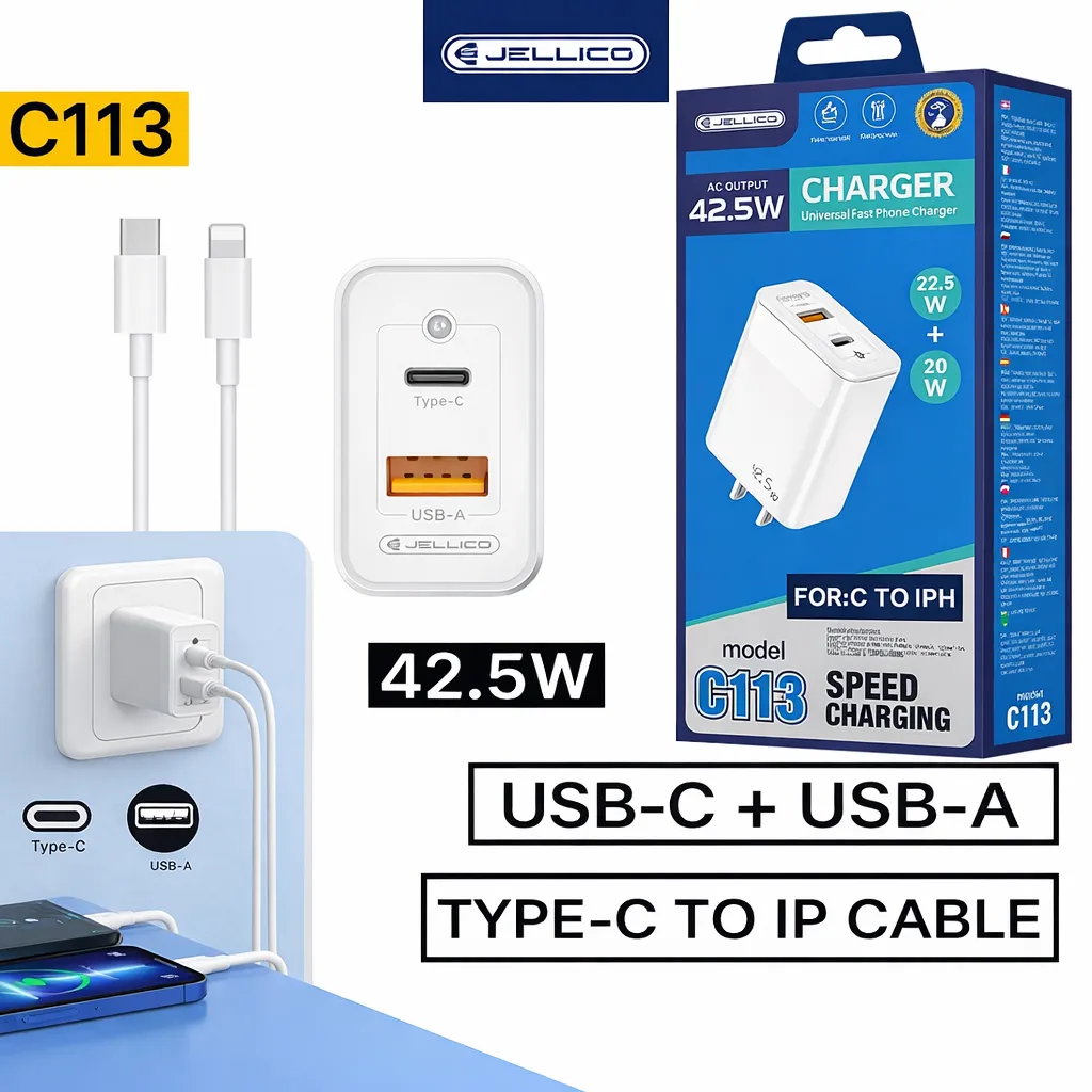 CH Jellico Wall PD Charger + Lightning Cable 2 Port (USB + Type-C) Fast C113 White