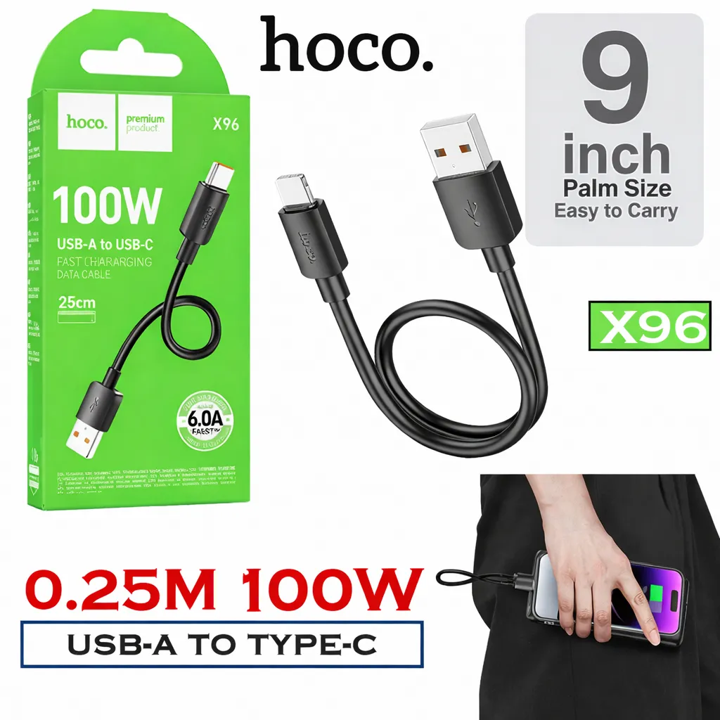 DC Hoco Retail Pack Type-C to USB 0.25mtr X96 Cable Black