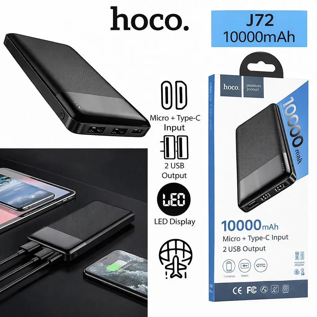 JP Hoco Type-C + Micro USB V9 Dual Input 10000mAh Powerbank with LED Lamp J72 Black