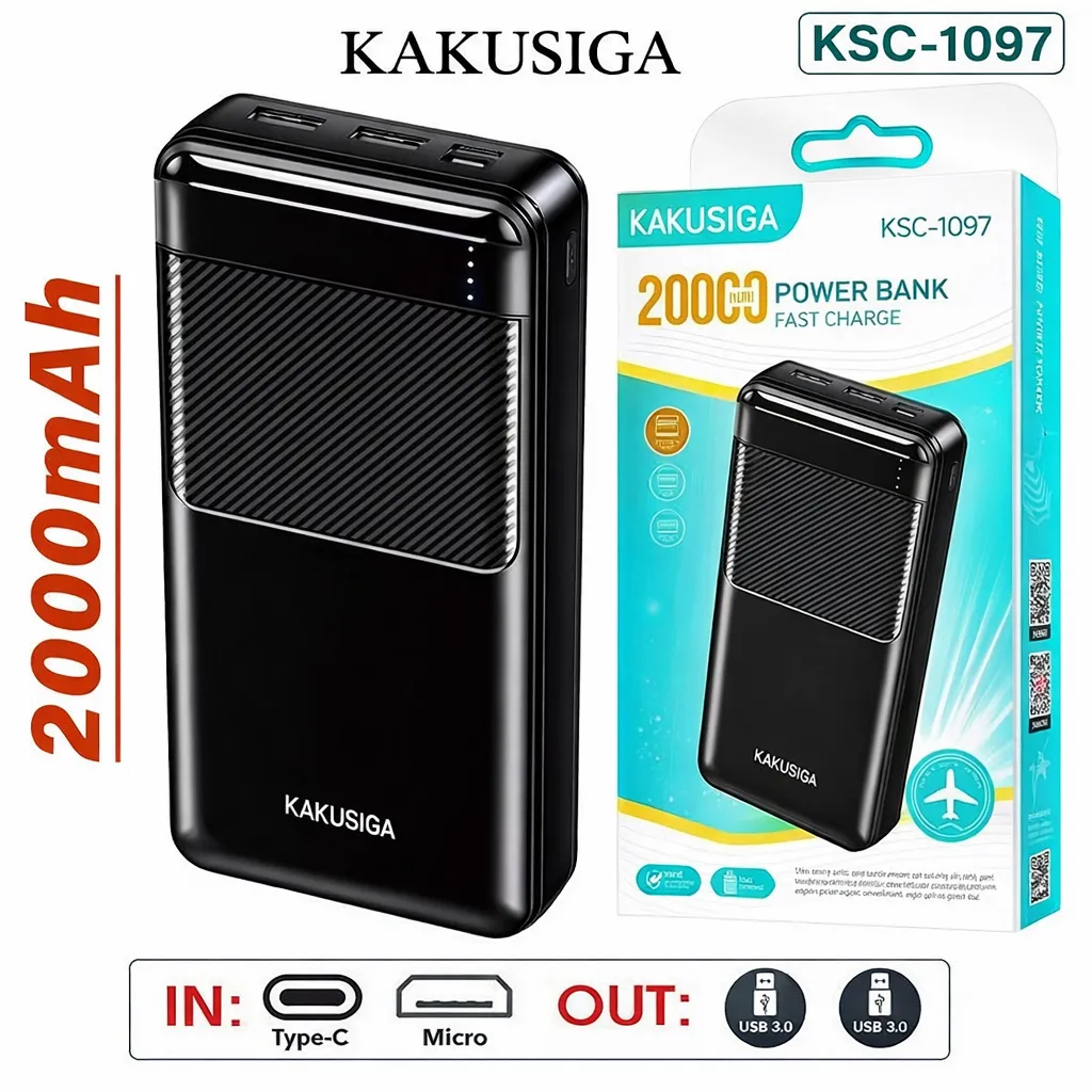 JP Kakusiga Dual USB + PD Type C 20000mAh Powerbank With LED Indicator KSC 1097 Black