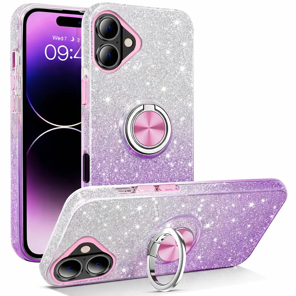 TPU Purple /Silver 3-in-1 Glitter w/ Ring Case for Apple iPhone 16 Plus