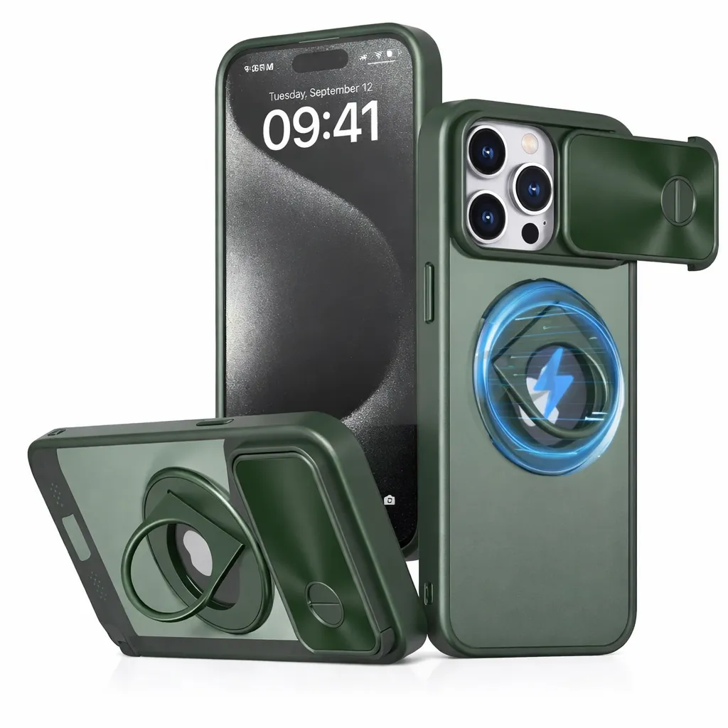 OTCR Green Camera Slider Ring Stand Magsafe Case for Apple iPhone 15 Pro Max (6.7)