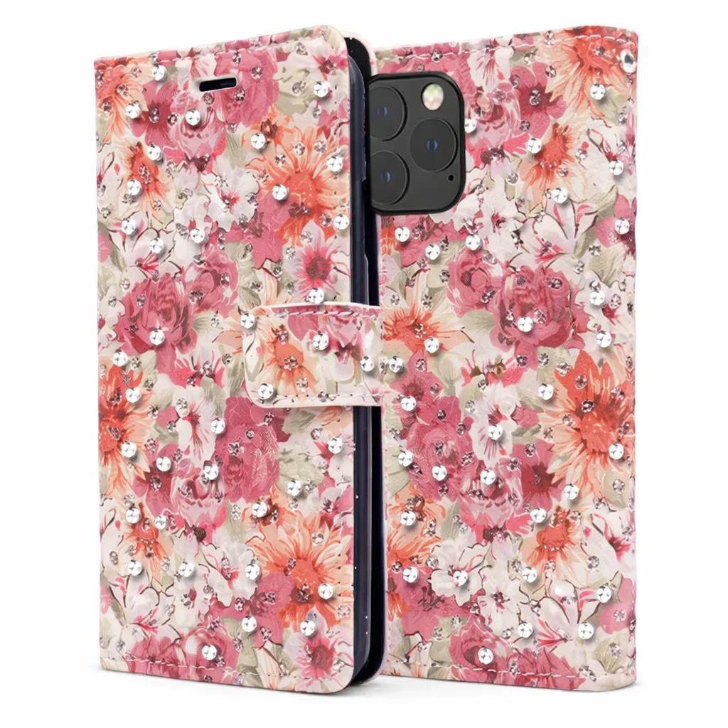 POU Orange Pink Diamond Wallet w/ Floral Design for Apple iPhone 14 Pro Max (6.7)