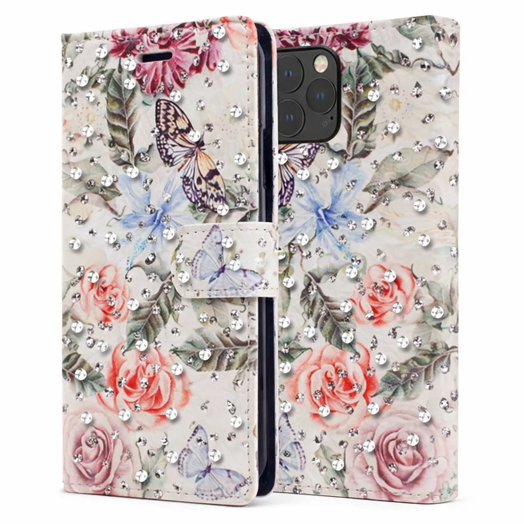 POU White Butterfly Diamond Wallet w/ Floral Design for Apple iPhone 11 Pro Max (6.5)