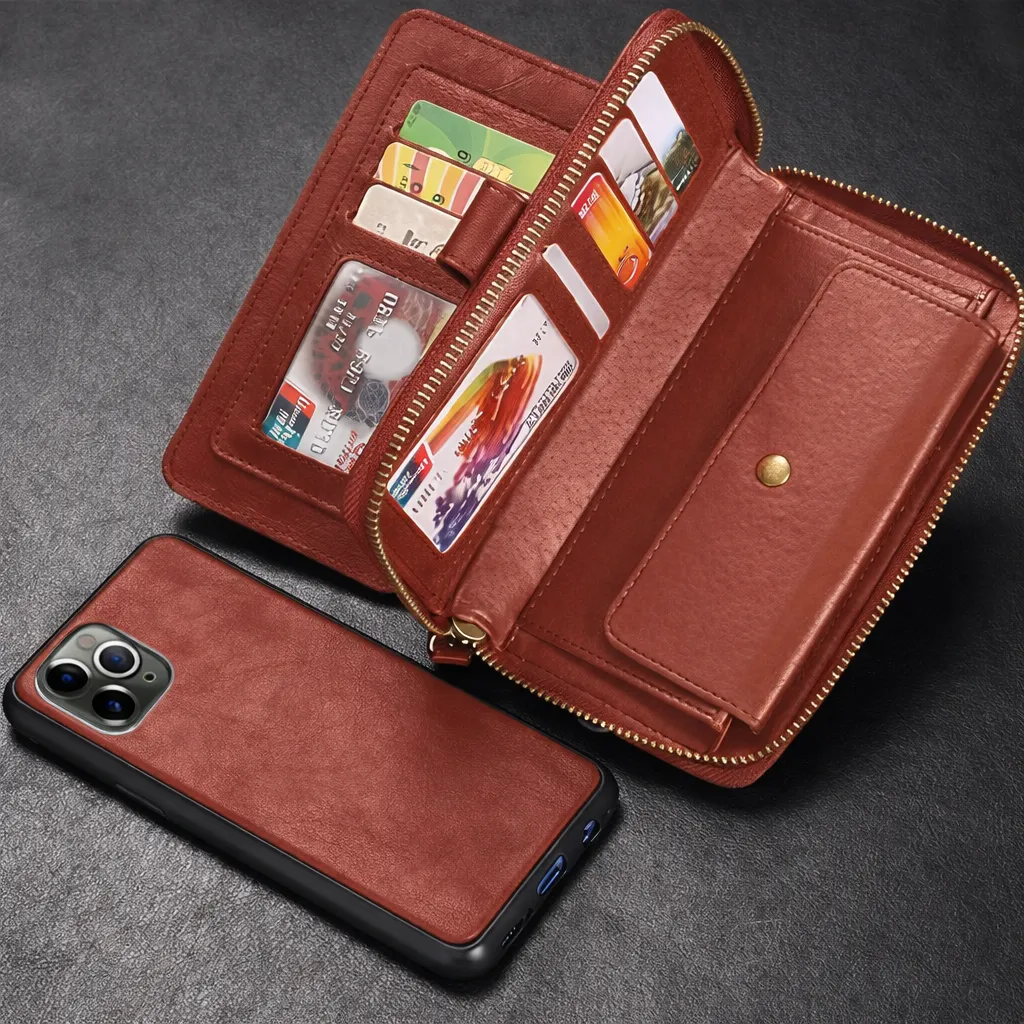 POU Brown Zipper Wallet for Apple iPhone 11 Pro Max (6.5)