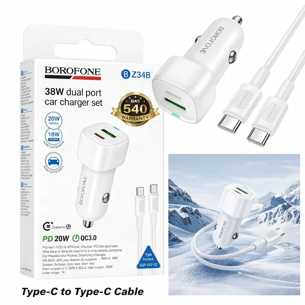CH Borofone Car Charger + Type-C Cable 2 Port (USB + Type-C) Fast BZ34B White