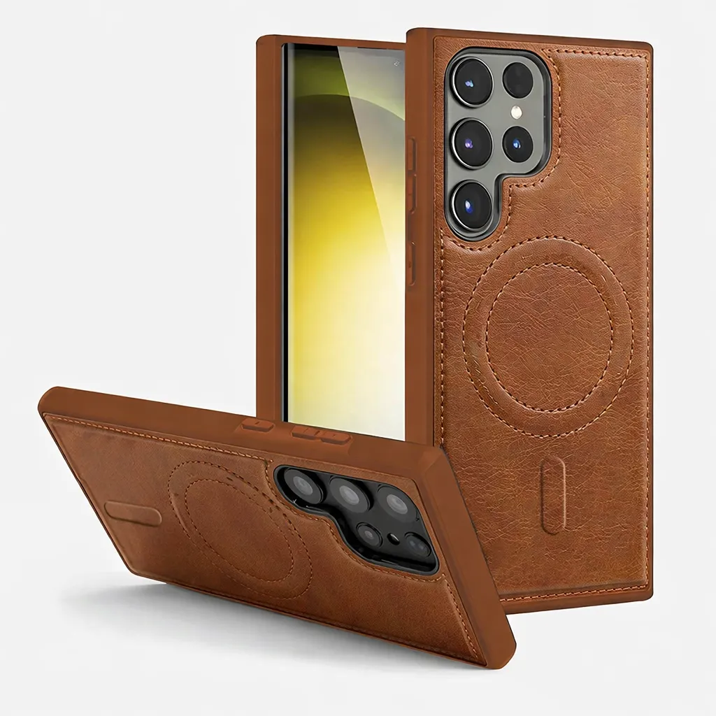 OTCR Brown Engraved MagSafe Case for Samsung Galaxy S25 Ultra