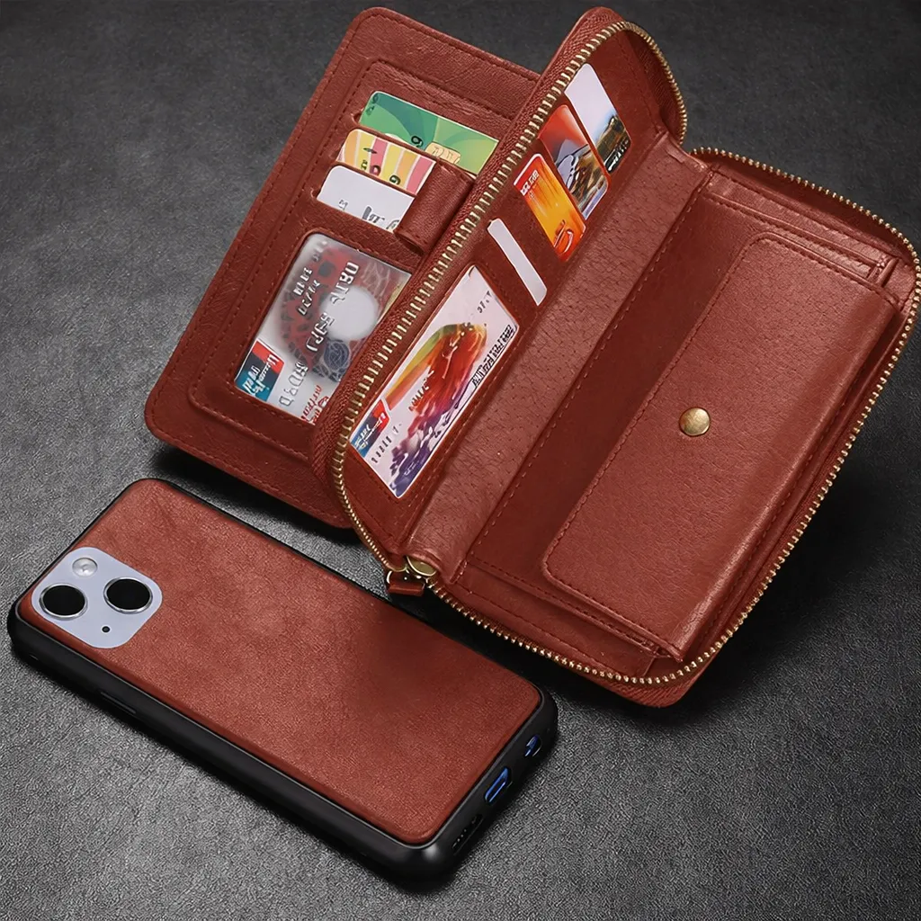 POU Brown Zipper Wallet for Apple iPhone 13 Mini/12 Mini