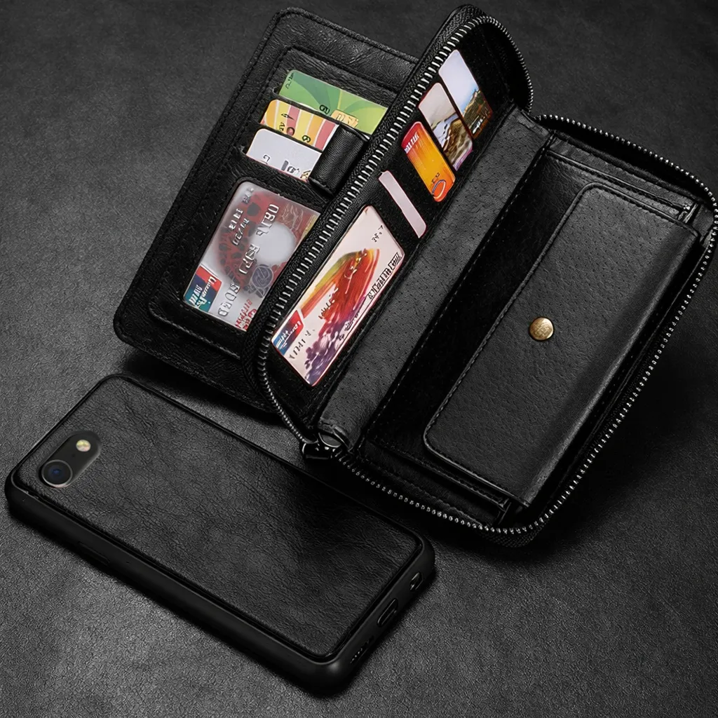 POU Black Zipper Wallet for Apple iPhone SE 2022 /2020/7/8