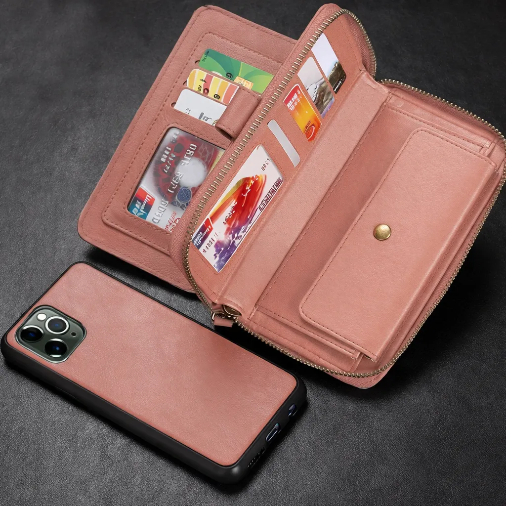 POU Rose Gold Zipper Wallet for Apple iPhone 12 /12 Pro (6.1)