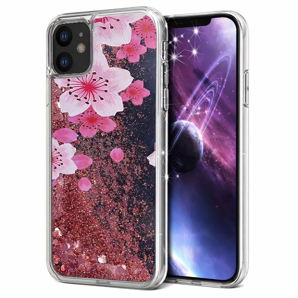 TPU Pink Flower Design Water Glitter for Apple iPhone 12 /12 Pro (6.1)