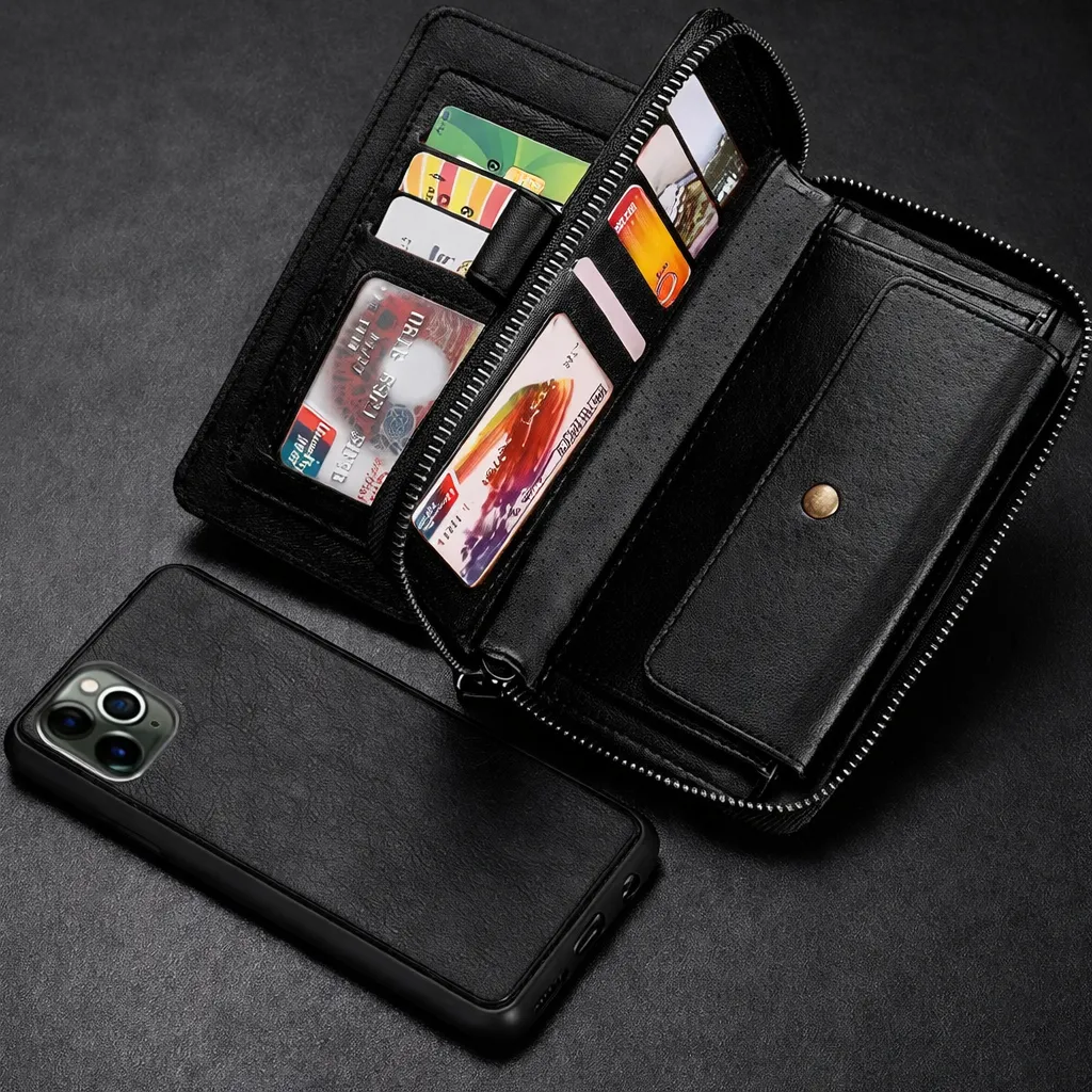POU Black Zipper Wallet for Apple iPhone 12 /12 Pro (6.1)