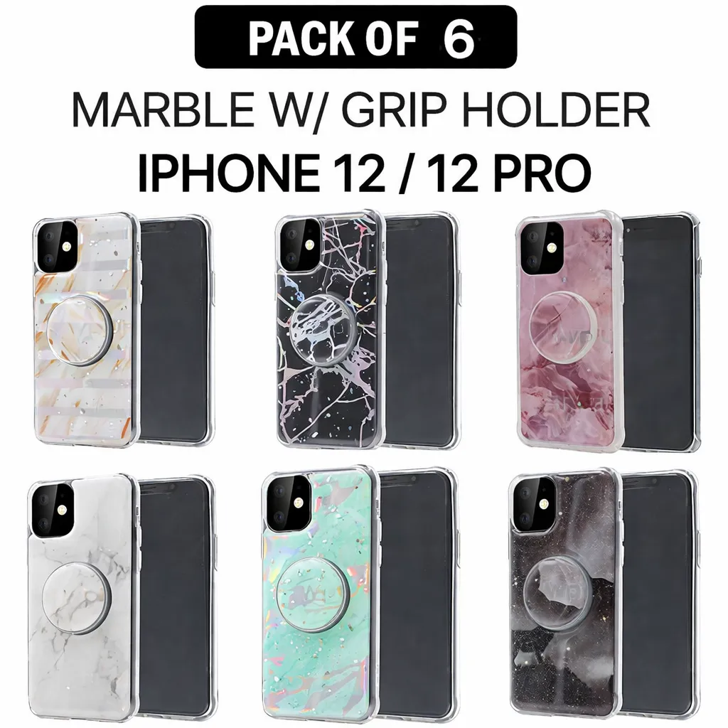 TPU Assorted Pack of 6 Marble w/ Grip Holder for Apple iPhone 12 /12 Pro (6.1)