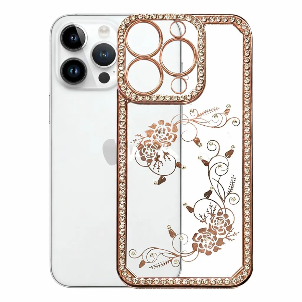 TPU Rose Gold Electro Diamond Border w/ Flower for Apple iPhone 14 Pro (6.1)