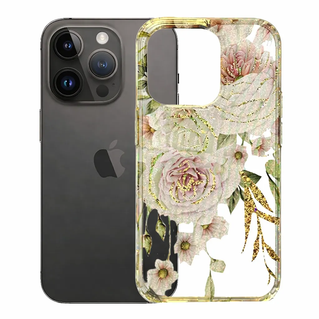 OTCR Pink Glitter Flower Clear Imd design Case for Apple iPhone 14 Pro (6.1)