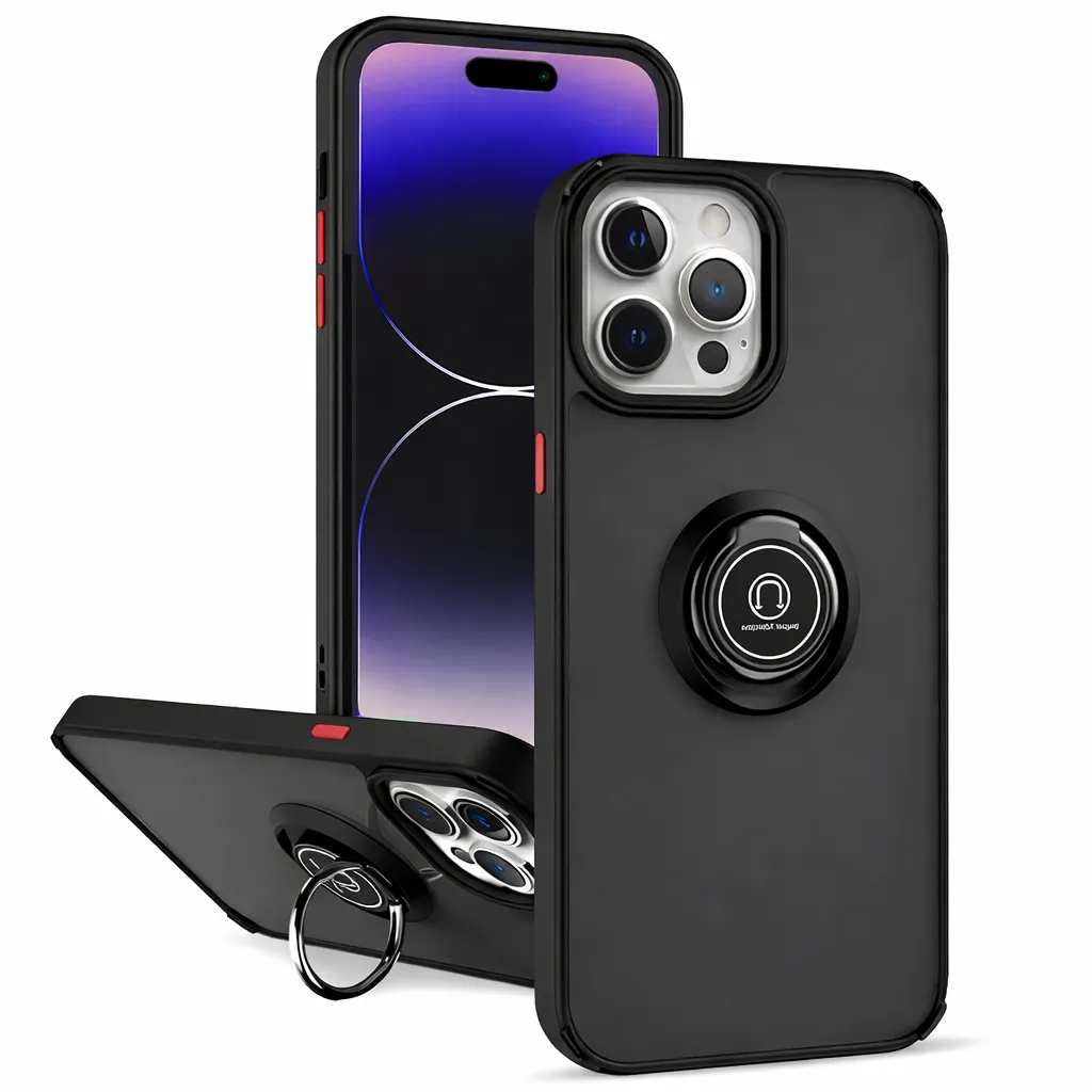 OTCR Black /Red Rubberized Armor with Ring for Apple iPhone 15 Pro (6.1)