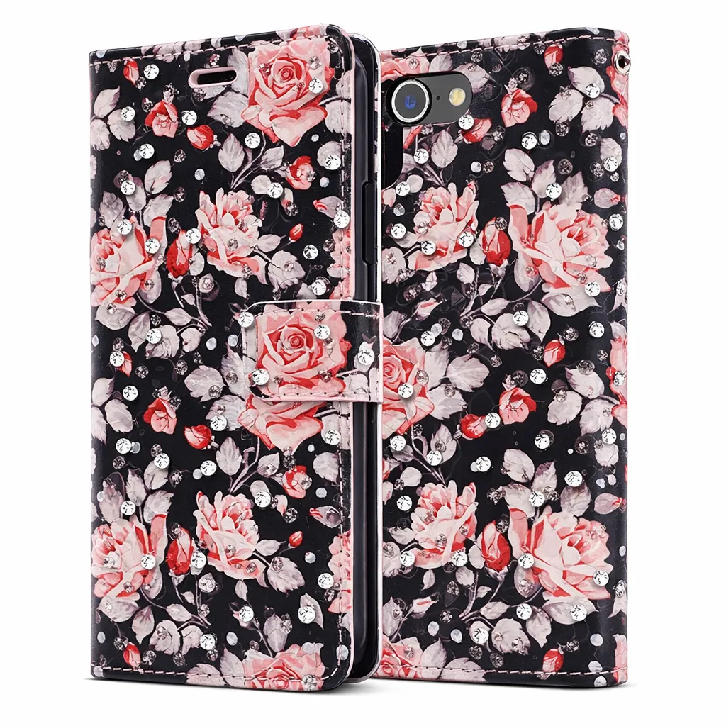 POU Black Diamond Wallet w/ Floral Design for Apple iPod Touch 5/6
