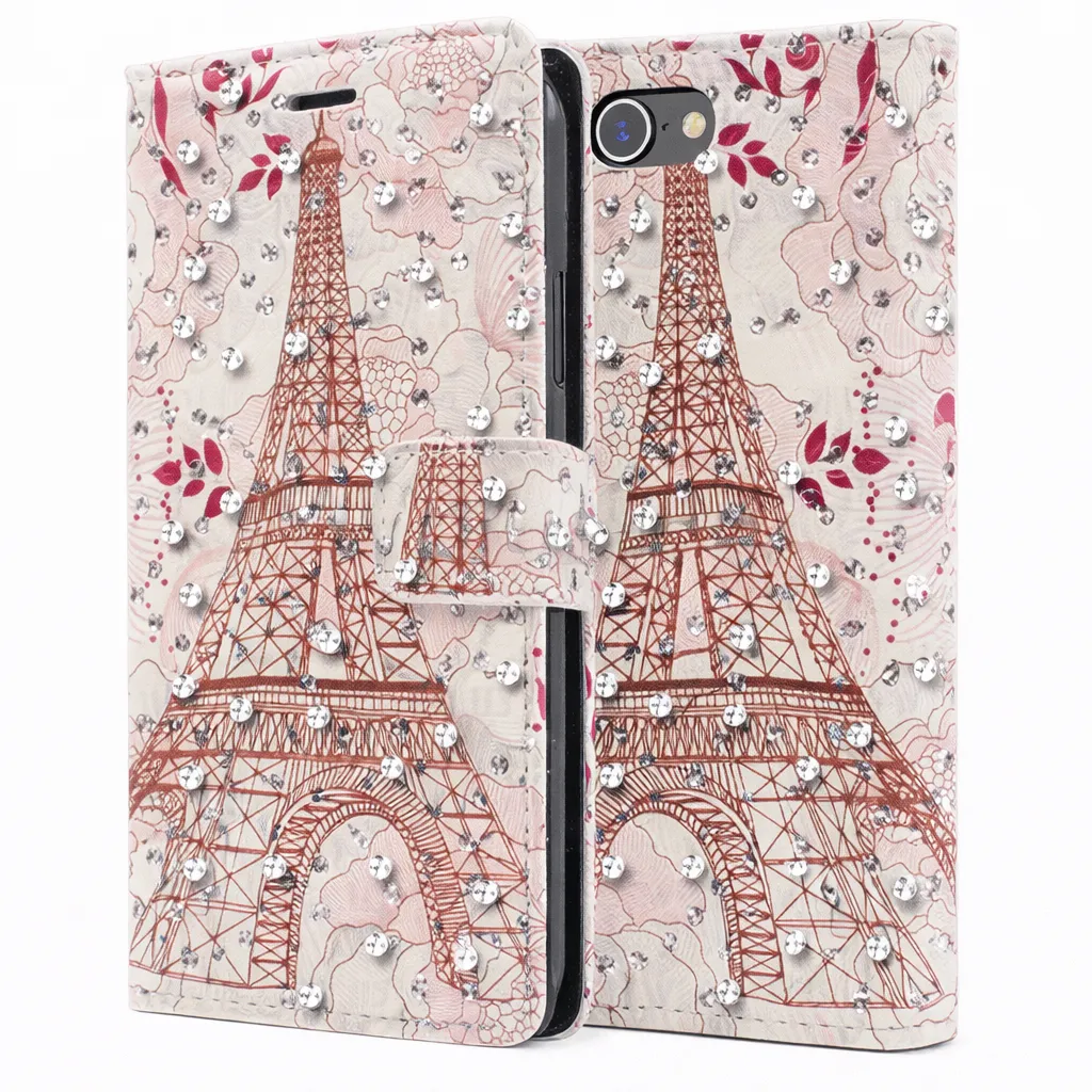 POU Pink Rose Paris Diamond Wallet w/ Floral Design for Apple iPod Touch 5/6