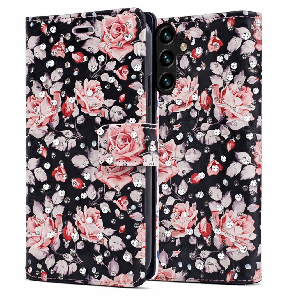 POU Black Diamond Wallet w/ Floral Design for Samsung Galaxy A35 5G