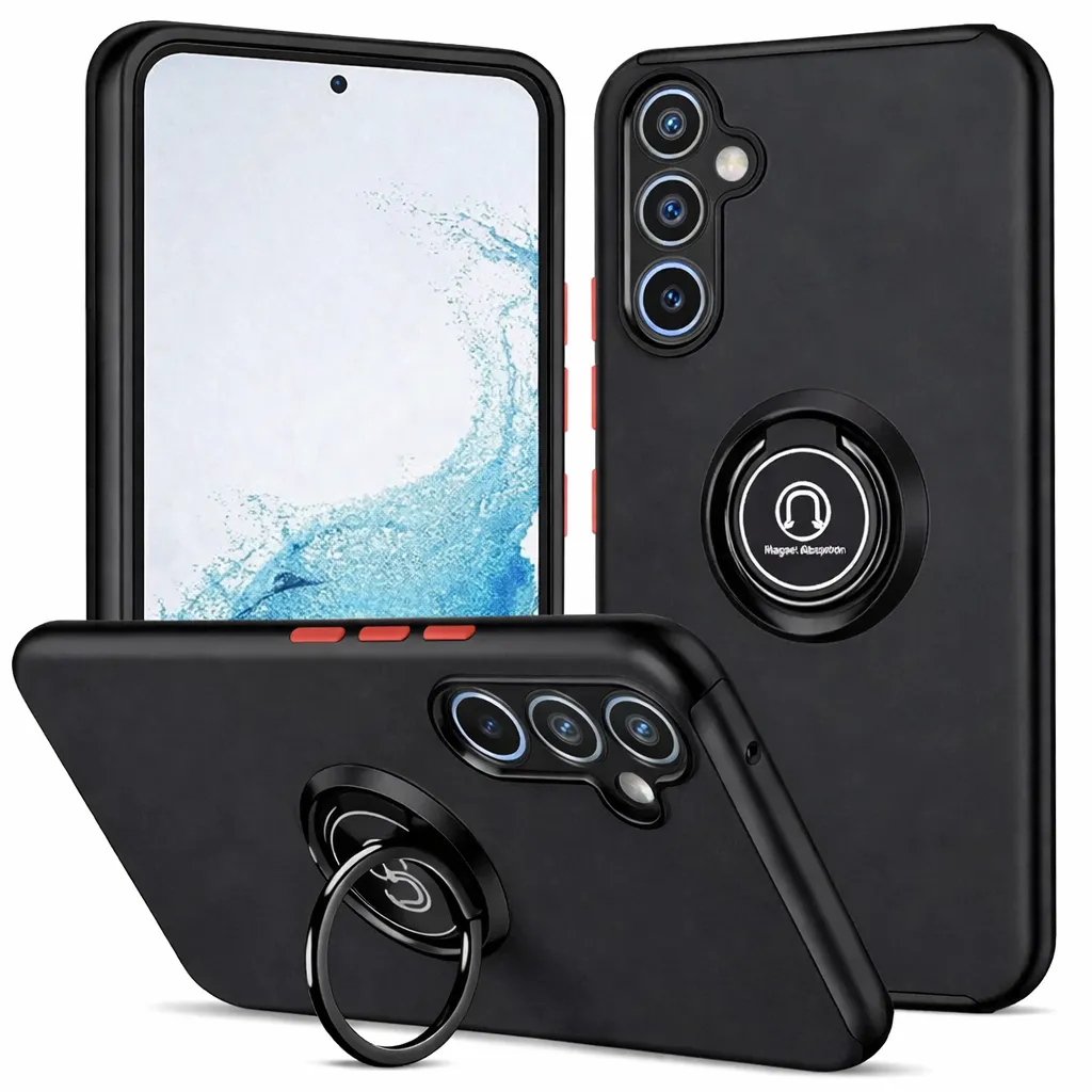 OTCR Black / Red Rubberized Armor with Ring for Samsung Galaxy A35 5G