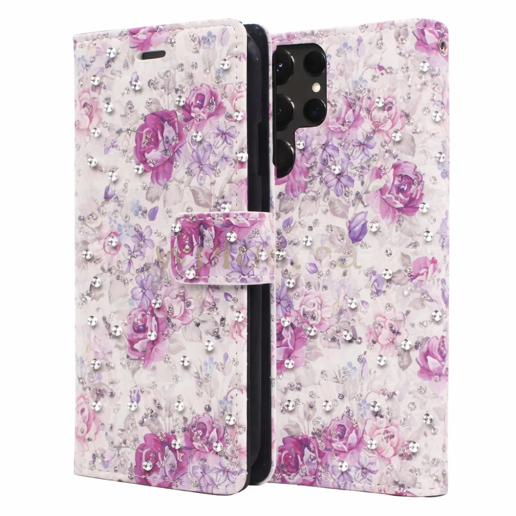 POU Purple Diamond Wallet w/ Floral Design for Samsung Galaxy S22 Ultra