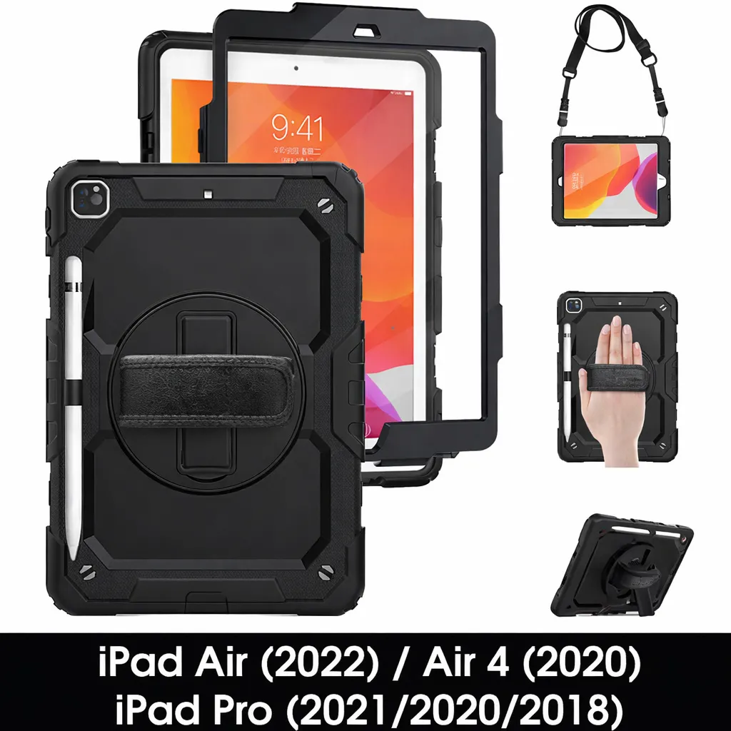 TOTDR Black Shoulder + Hand Strap Defender for Apple iPad Air (2022)