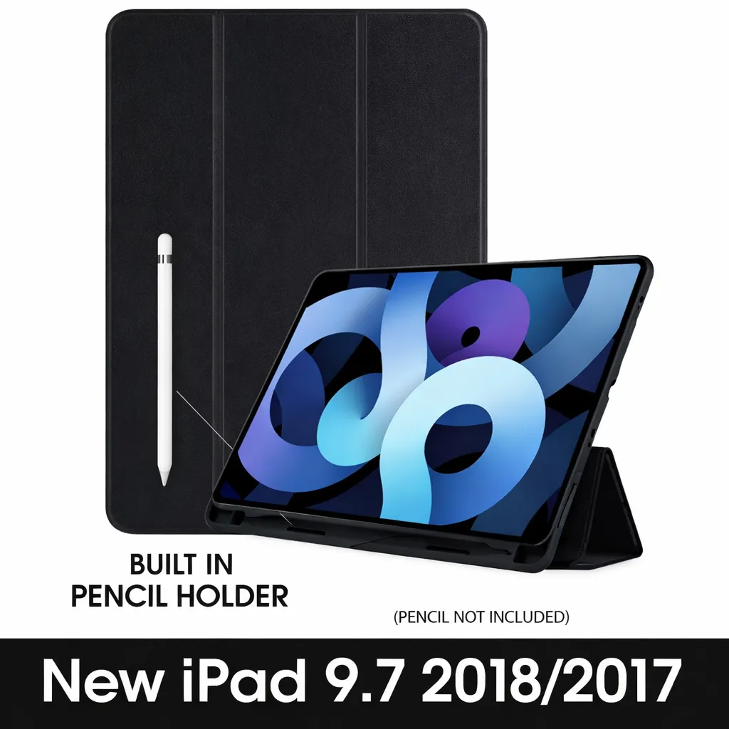 TBP Black Smart Case With Pencil Holder for Apple New iPad 9.7 2018/2017