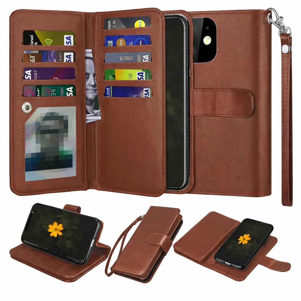 POU Brown Bifold 9 Card detachable wallet for Apple iPhone 12 Pro Max (6.7)