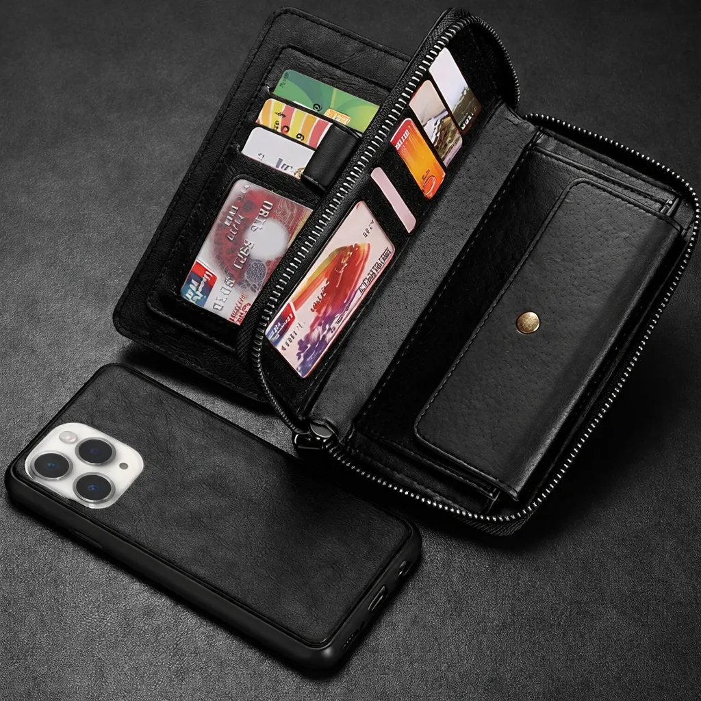 [POU19-23348] POU Black Zipper Wallet for Apple IPhone 13 Pro (6.1)